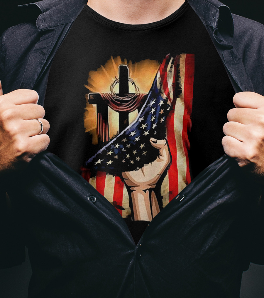 Jesus God American Flag Cross And Hand Inside Me T-Shirt