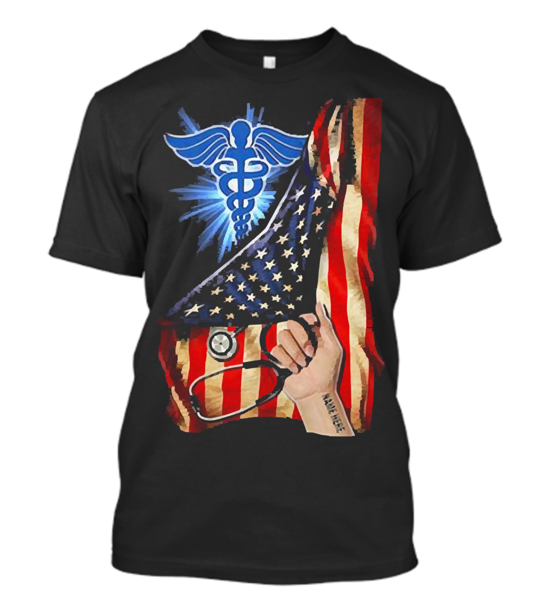 Nurse America Flag Caduceus Tattoo Stethoscope T-Shirt