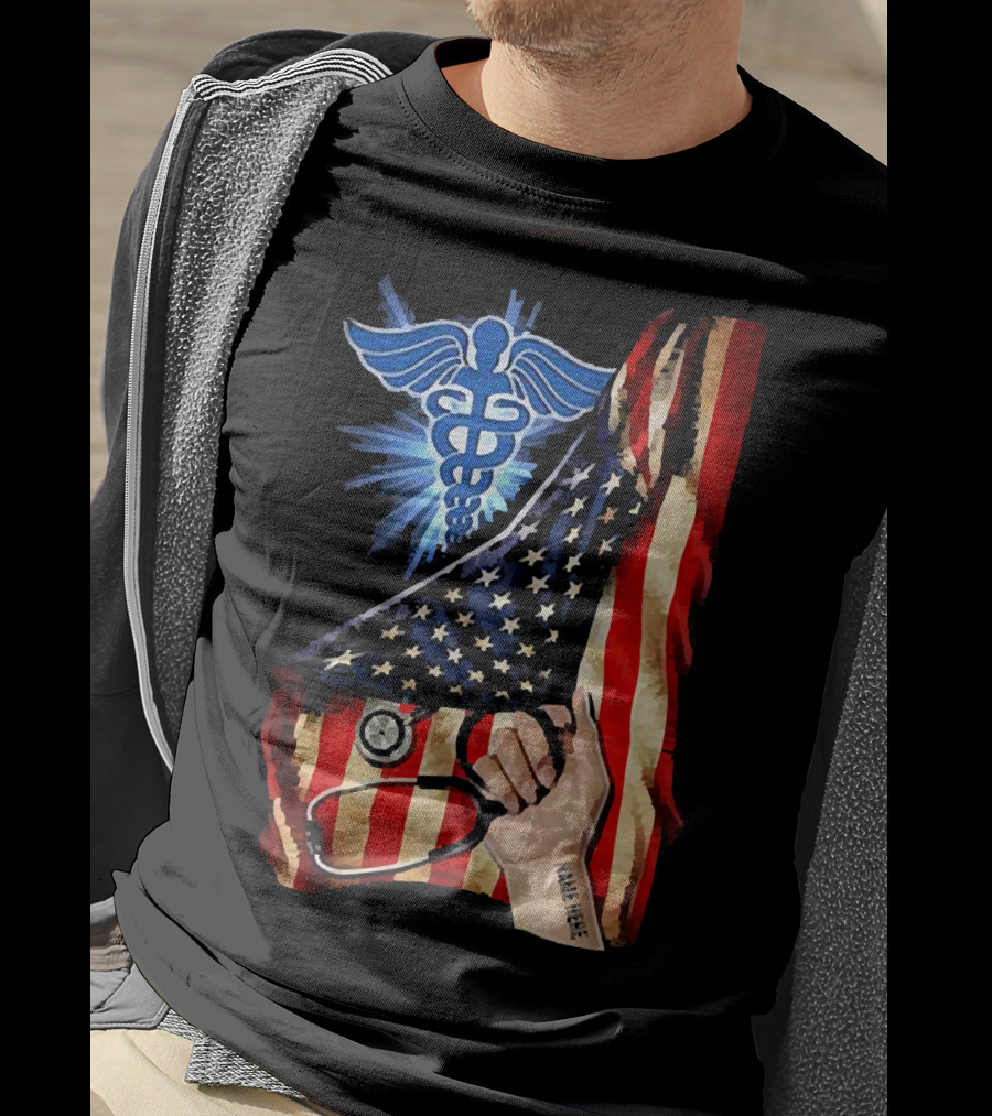 Nurse America Flag Caduceus Tattoo Stethoscope T-Shirt