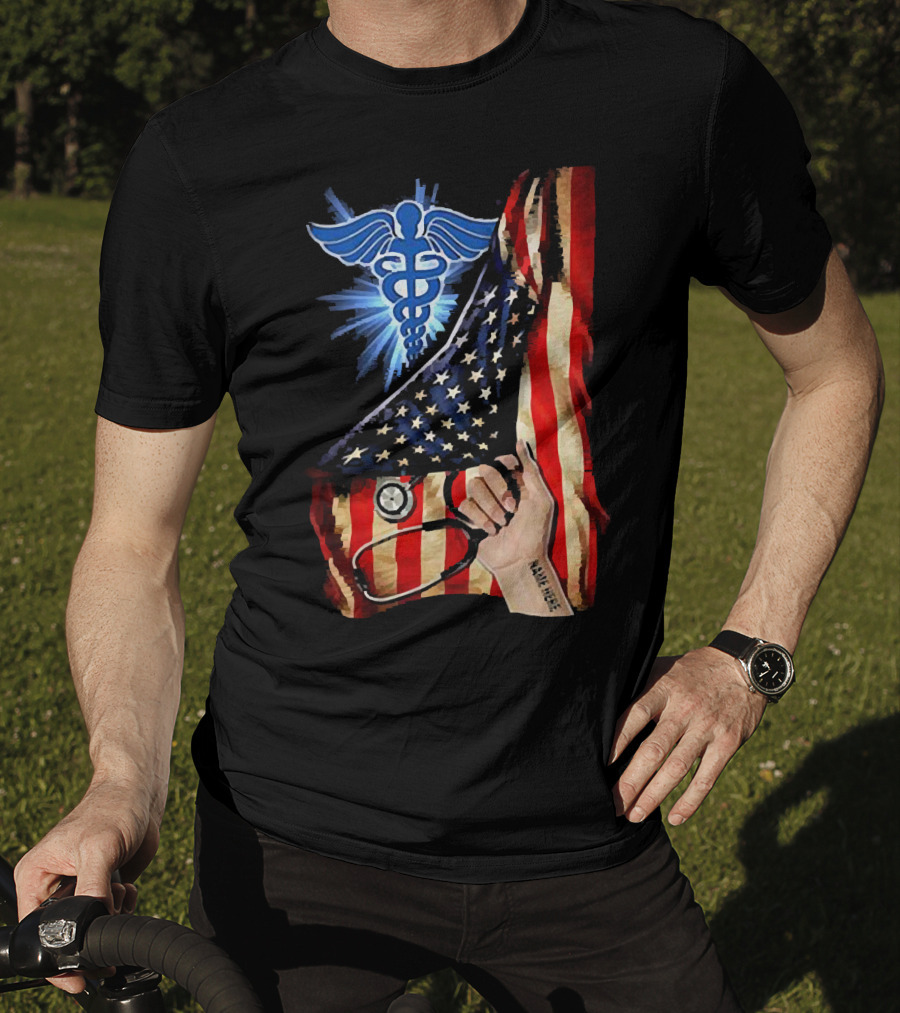 Nurse America Flag Caduceus Tattoo Stethoscope T-Shirt