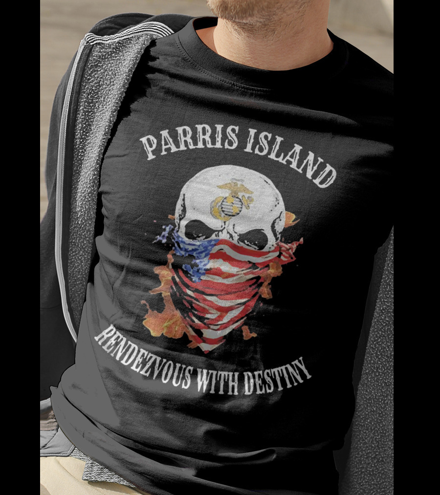 Parris Island Skull Mask Rendezvous With Destiny American Flag Flames T-Shirt