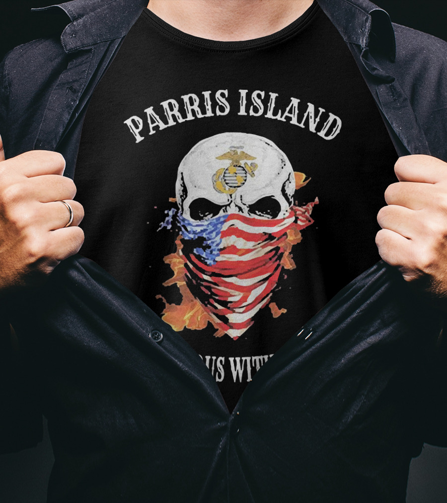 Parris Island Skull Mask Rendezvous With Destiny American Flag Flames T-Shirt
