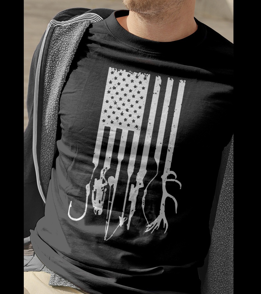 American Flag With Fishing Hooks And Hunting Gear T-Shirt