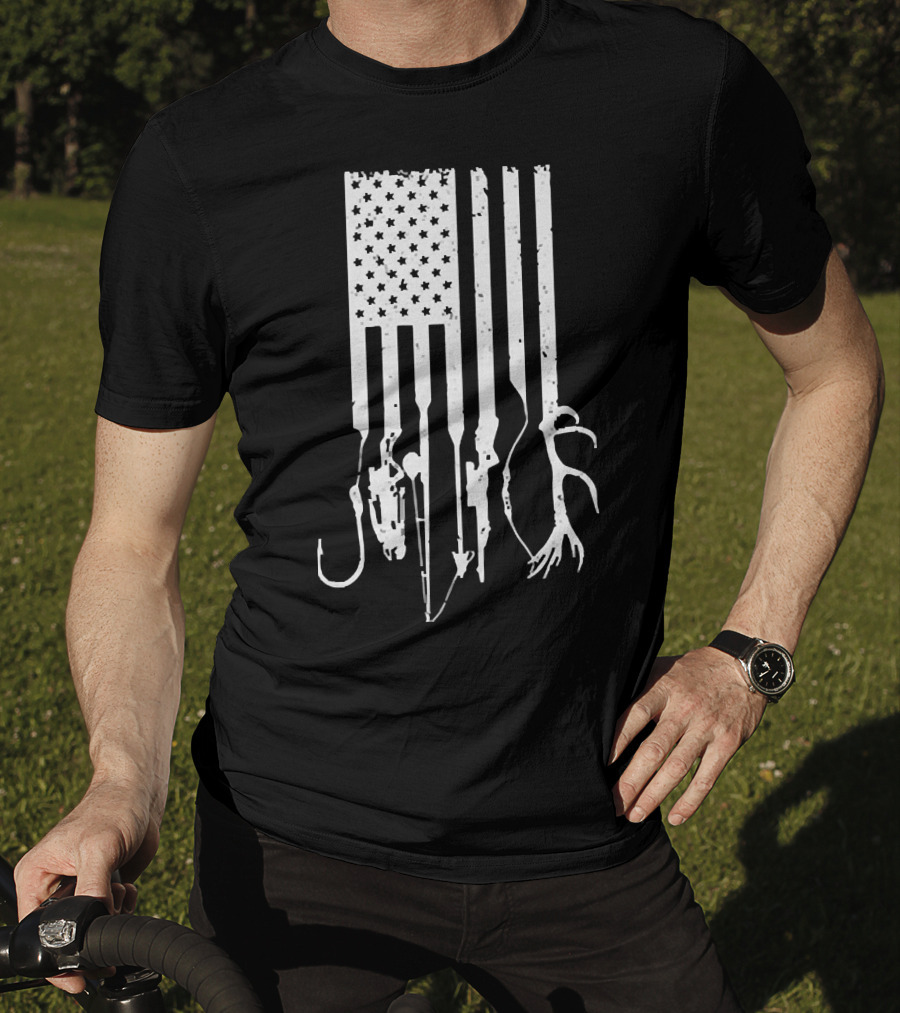 American Flag With Fishing Hooks And Hunting Gear T-Shirt