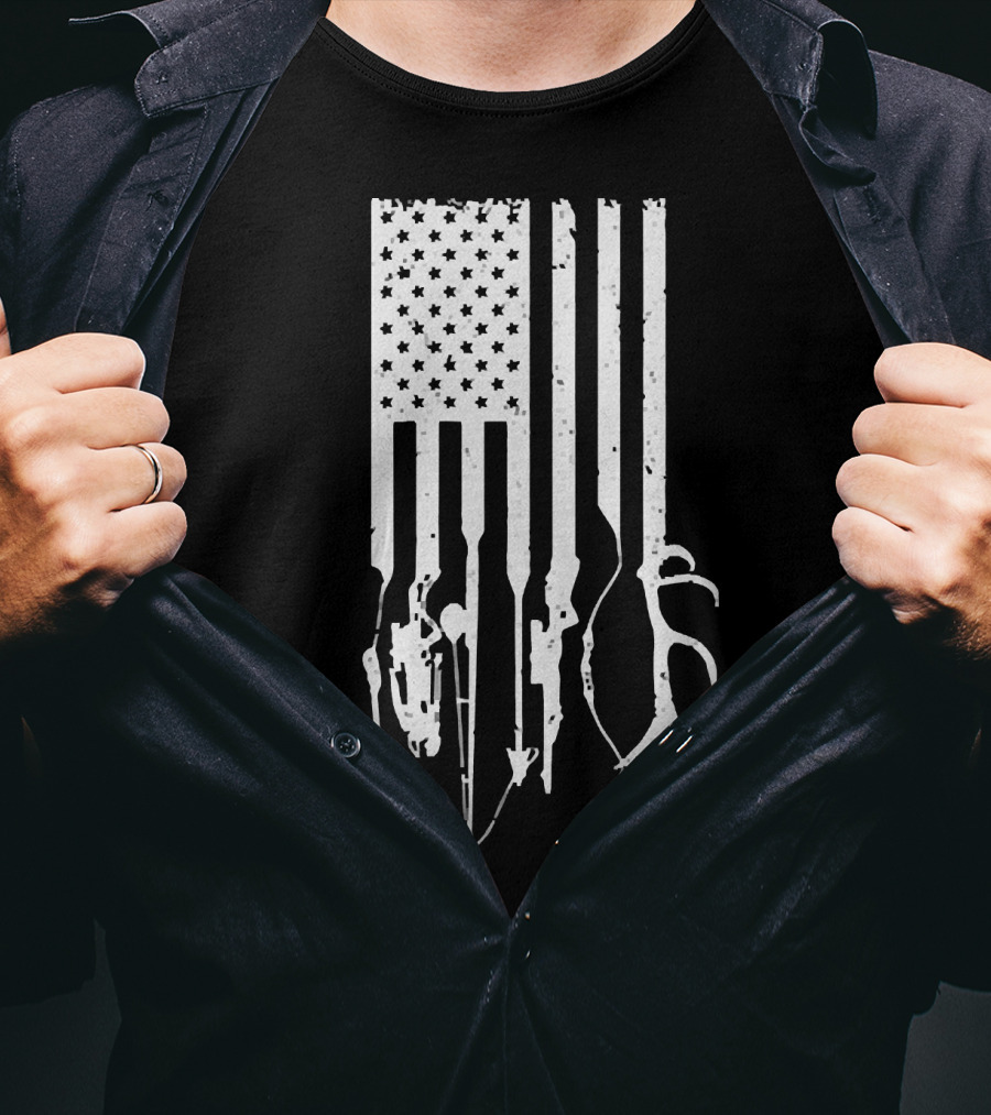 American Flag With Fishing Hooks And Hunting Gear T-Shirt