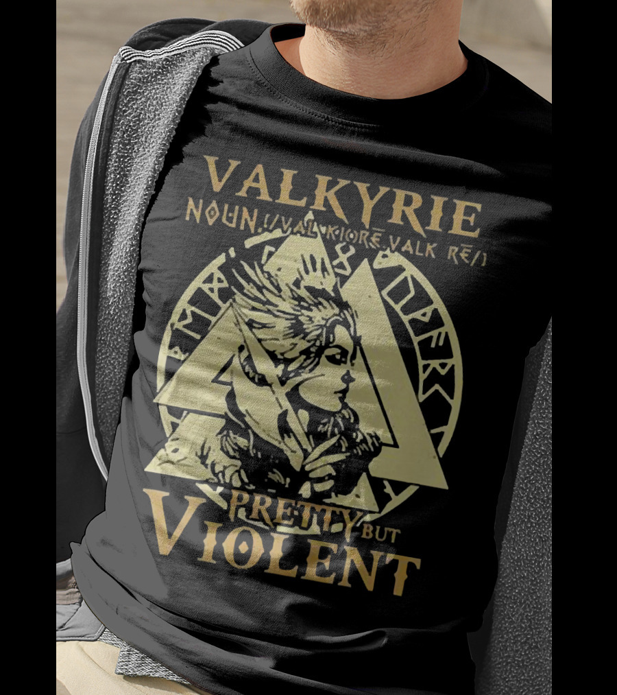 Valkyrie Noun Pretty But Violent With Norse Runes Background T-Shirt