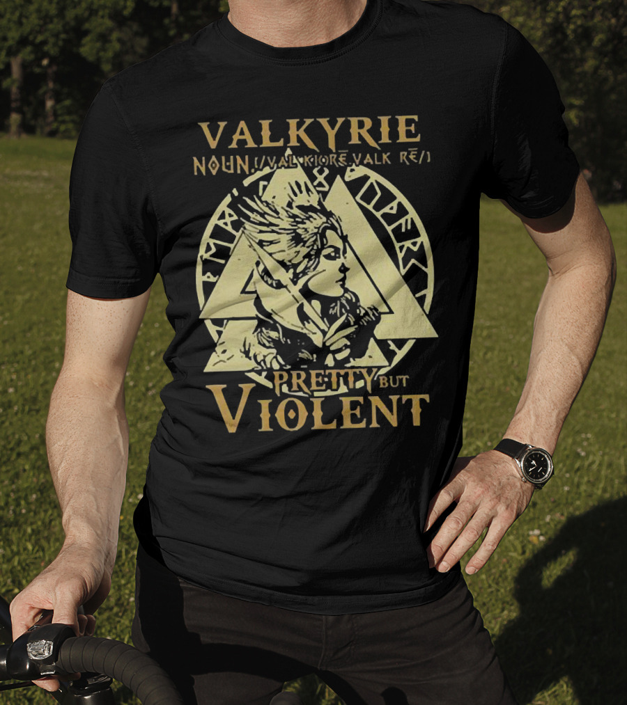 Valkyrie Noun Pretty But Violent With Norse Runes Background T-Shirt