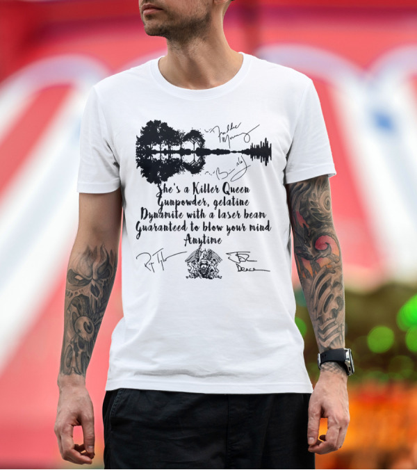 Premium T-Shirt: She's a Killer Queen Gunpowder Gelatine Dynamite with a Laser Beam Guaranteed to Blow Your Mind Anytime Queen Band Signatures and Soundwave T-Shirt She's a Killer Queen Gunpowder Gelatine Dynamite with a Laser Beam Guaranteed to Blow Your Mind Anytime Queen Band Signatures and Soundwave T-Shirt