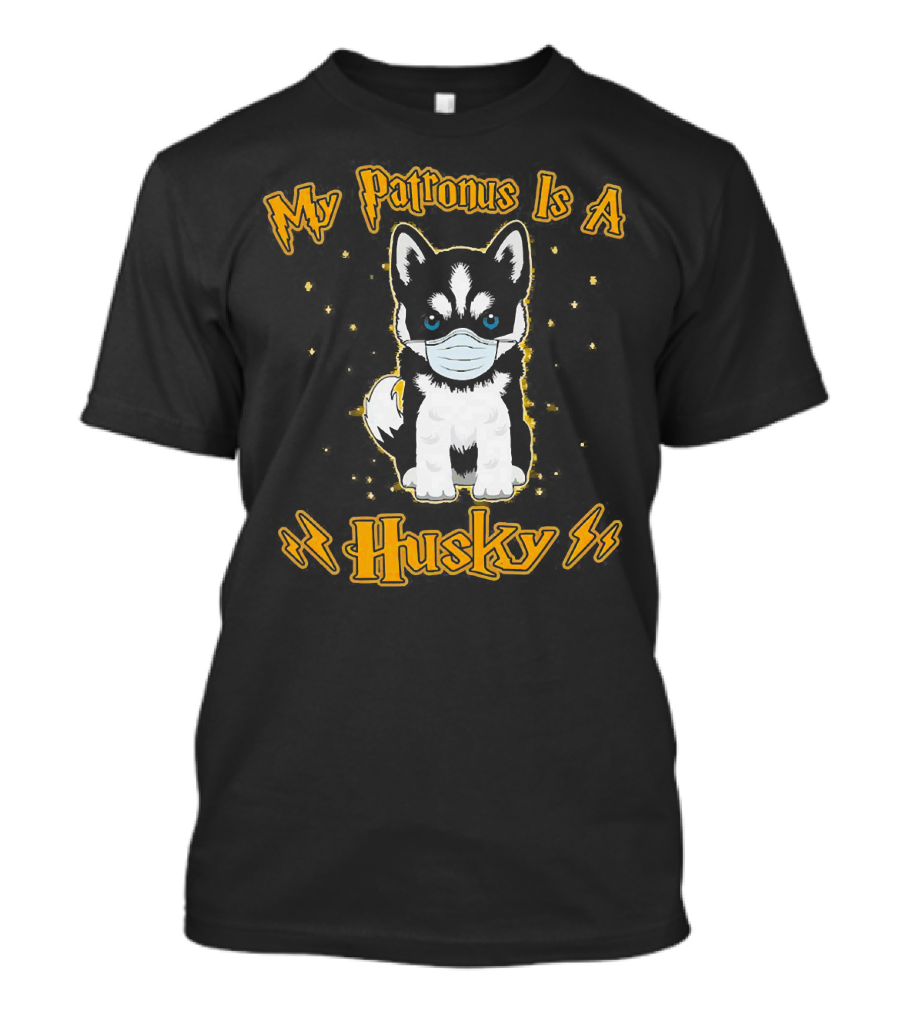 My Patronus Is A Husky Puppy Wearing Face Mask With Stars And Lightning T-Shirt