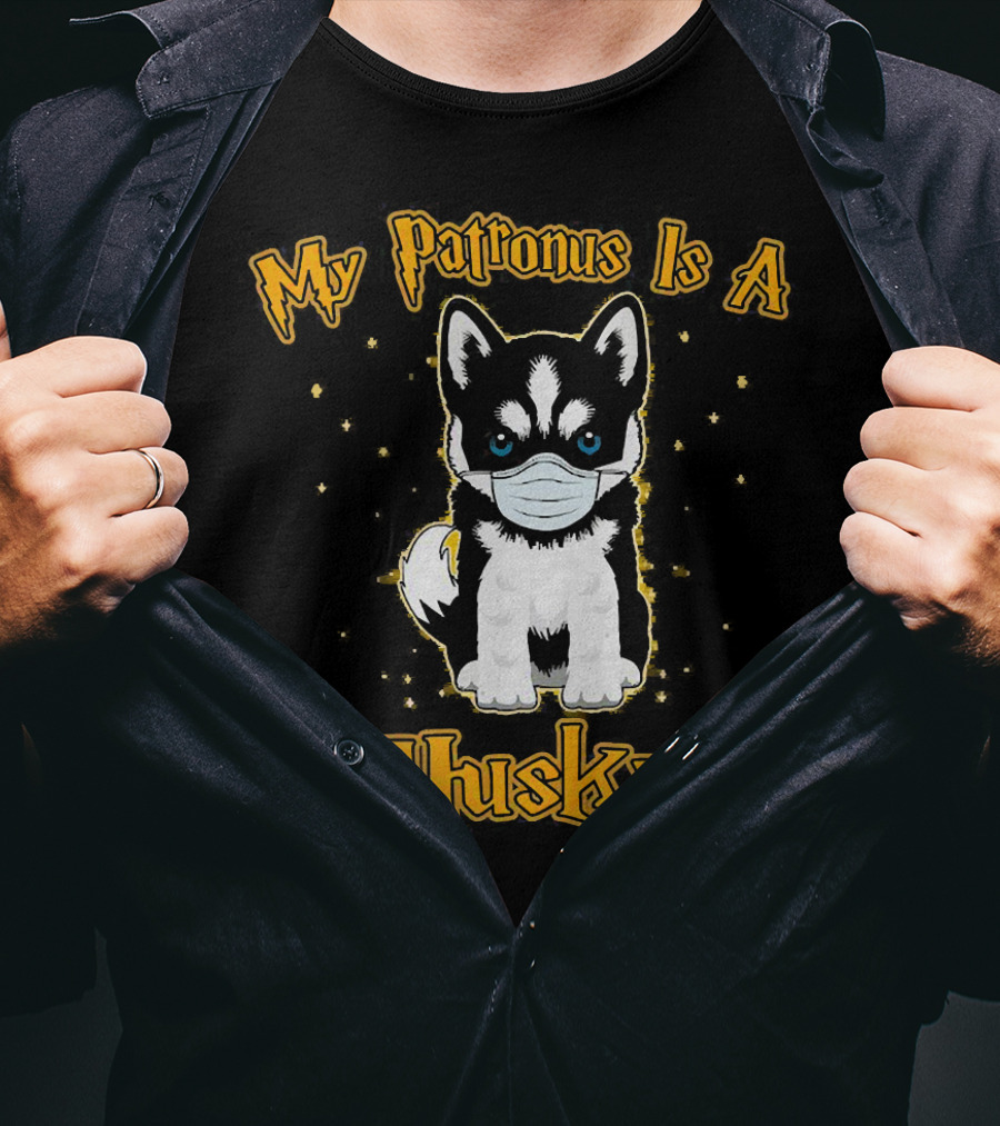 My Patronus Is A Husky Puppy Wearing Face Mask With Stars And Lightning T-Shirt