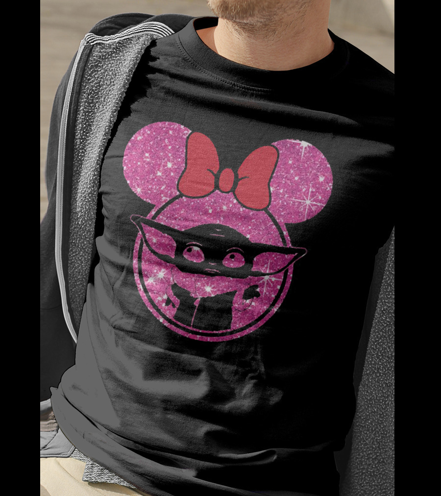 Baby Yoda Glitter Minnie Mouse Ears Red Bow T-Shirt