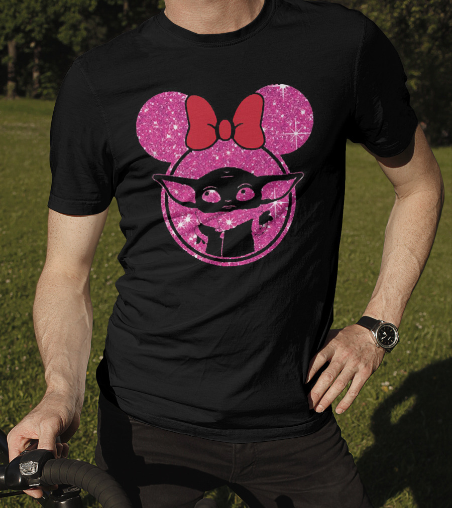 Baby Yoda Glitter Minnie Mouse Ears Red Bow T-Shirt