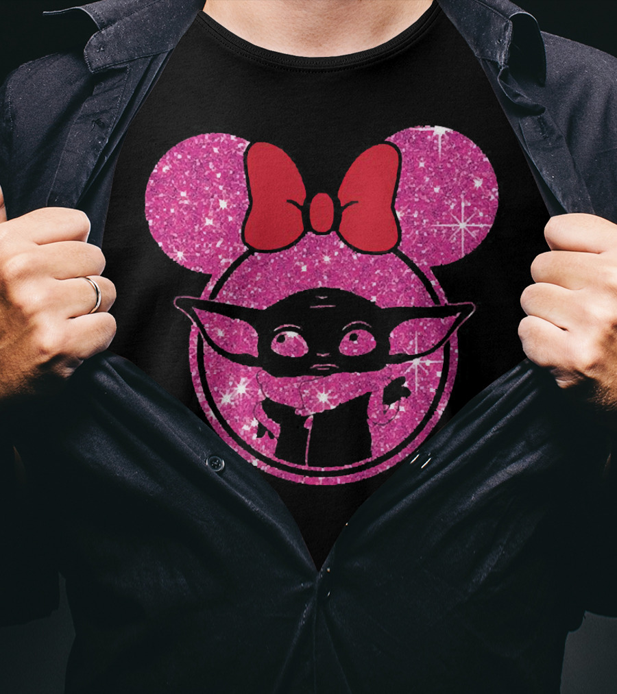 Baby Yoda Glitter Minnie Mouse Ears Red Bow T-Shirt