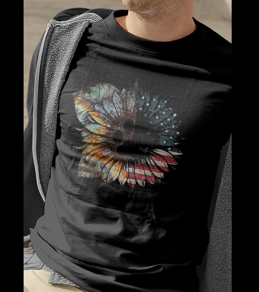 Great Vintage Sunflower American Flag Patriotic Floral T-Shirt