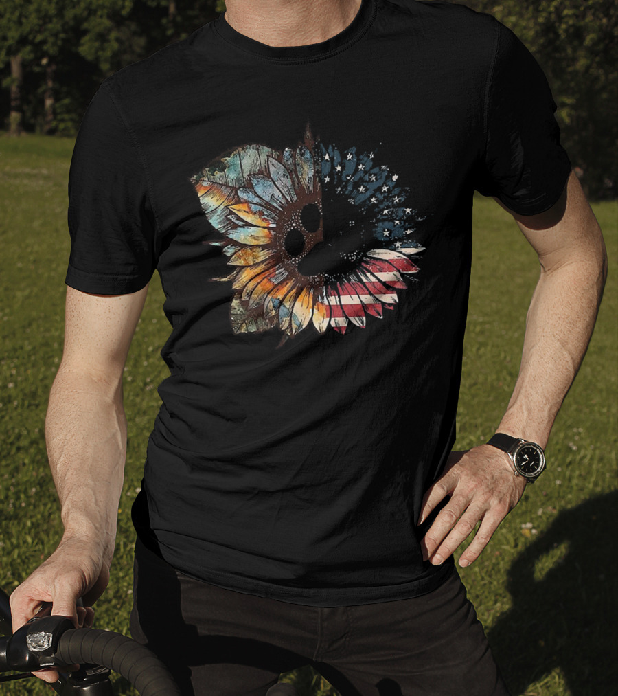 Great Vintage Sunflower American Flag Patriotic Floral T-Shirt