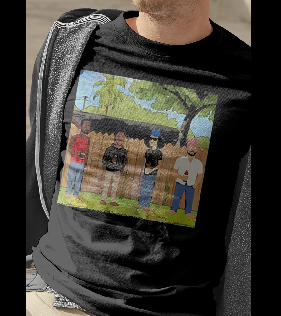 King Of The Hill Treatment With Four Men By Fence With Beverages And Trees T-Shirt