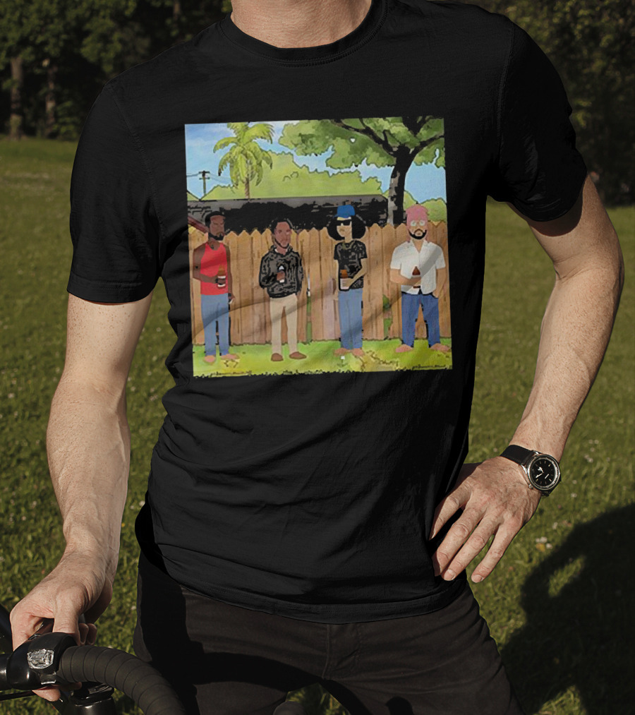 King Of The Hill Treatment With Four Men By Fence With Beverages And Trees T-Shirt