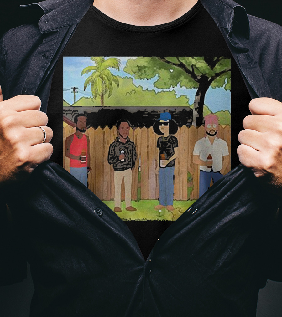 King Of The Hill Treatment With Four Men By Fence With Beverages And Trees T-Shirt