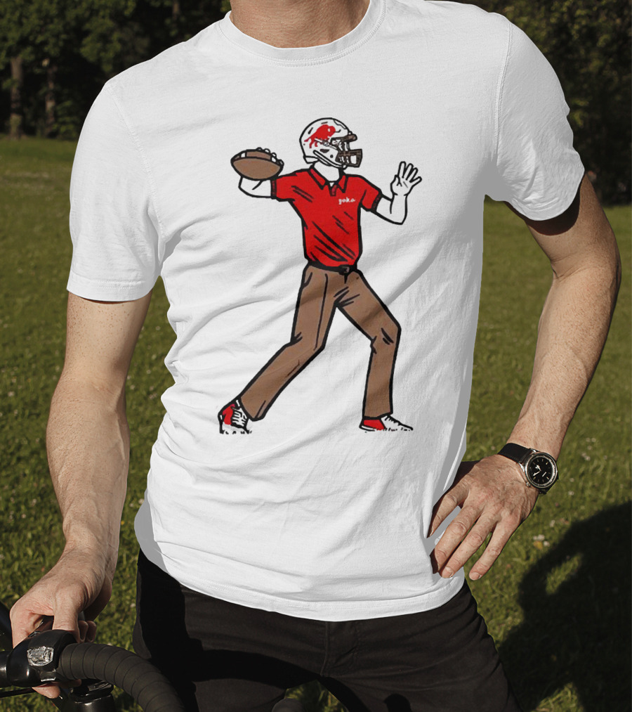 Jake From Buffalo Football Player Throwing Pass Brown Pants Red Shirt Helmet T-Shirt