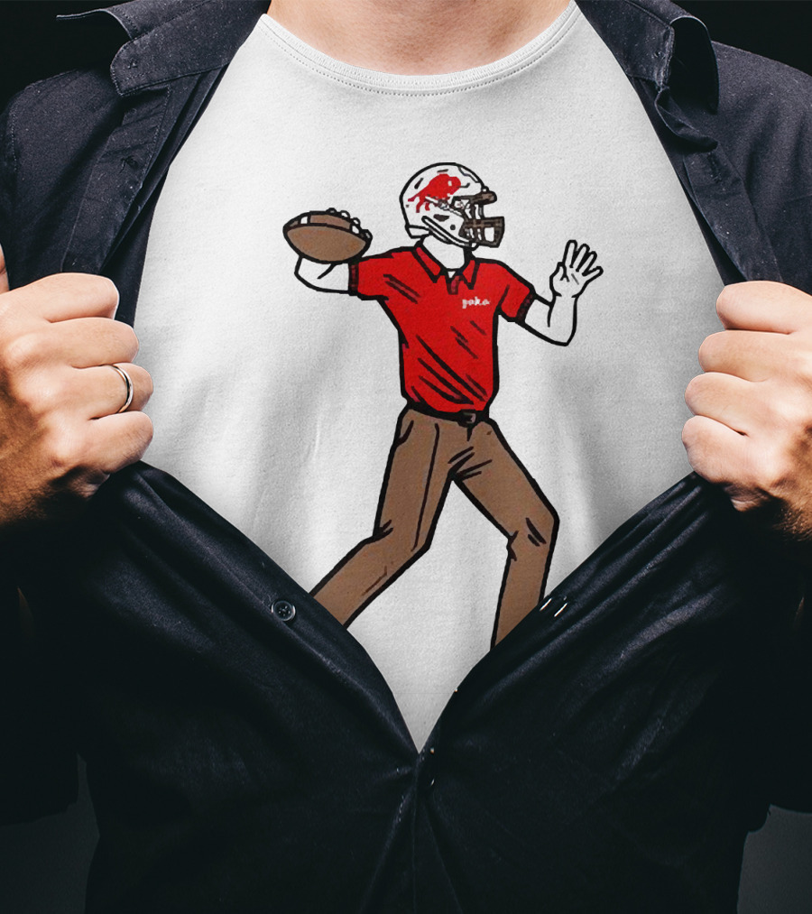 Jake From Buffalo Football Player Throwing Pass Brown Pants Red Shirt Helmet T-Shirt
