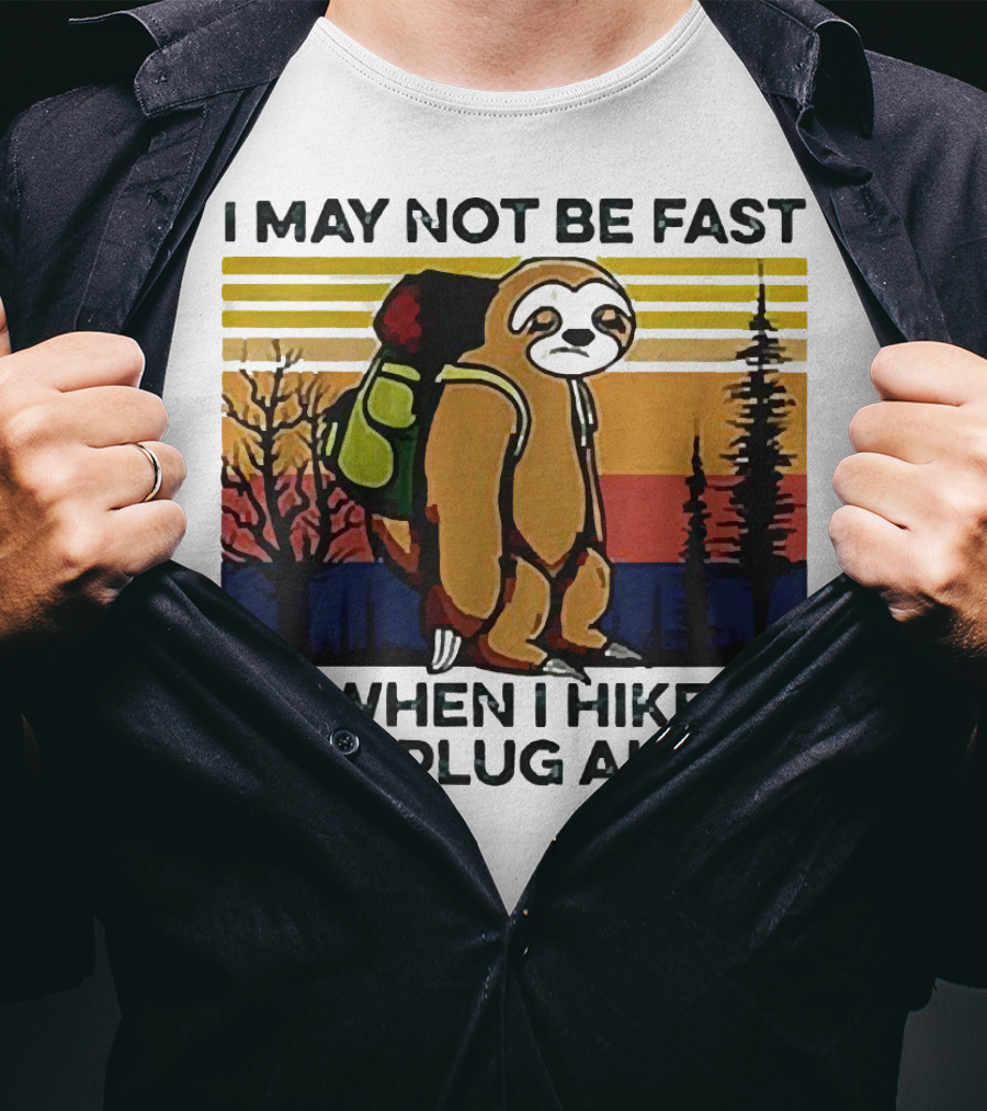 I May Not Be Fast When I Hike But I Plug Along Sloth Retro Forest Scene T-Shirt