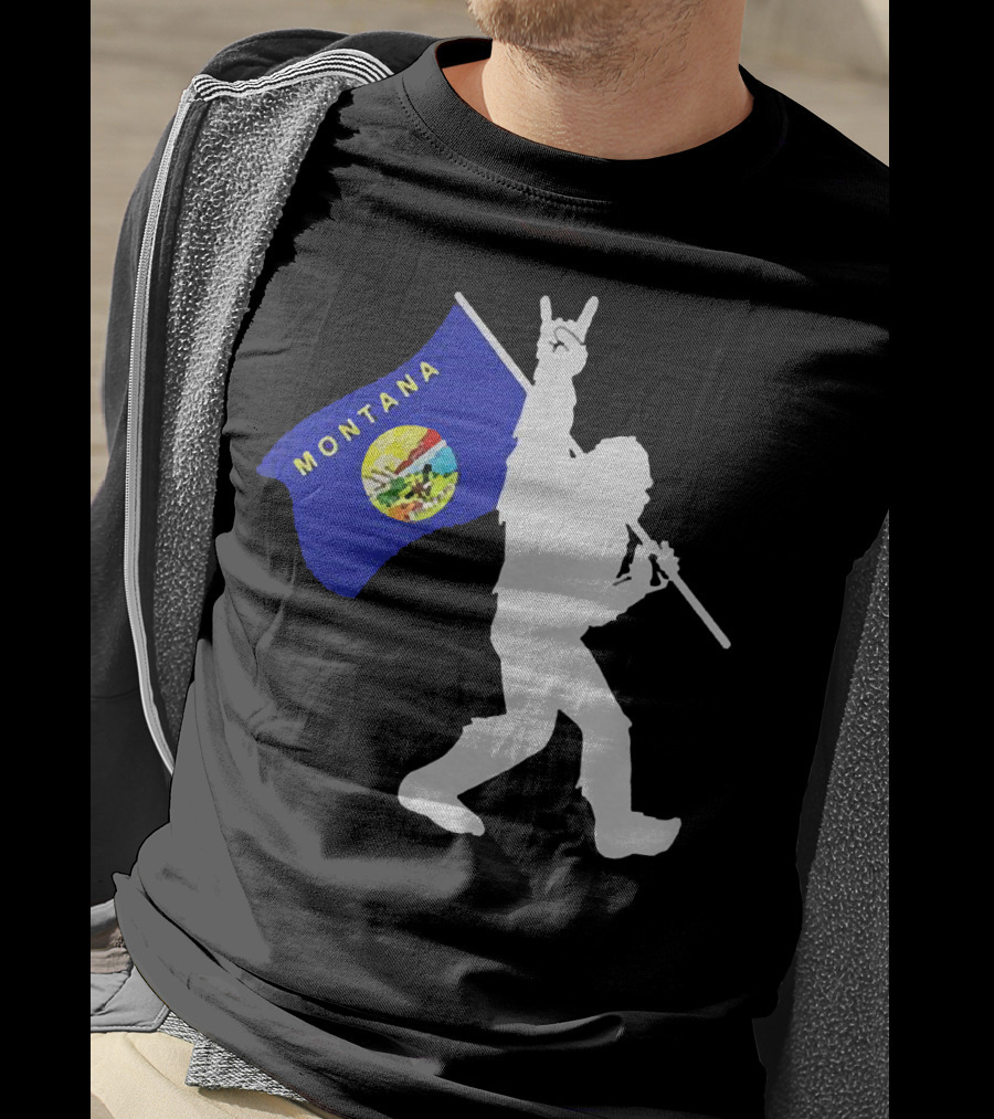 Bigfoot Holding Montana State Flag Middle Finger Gesture T-Shirt