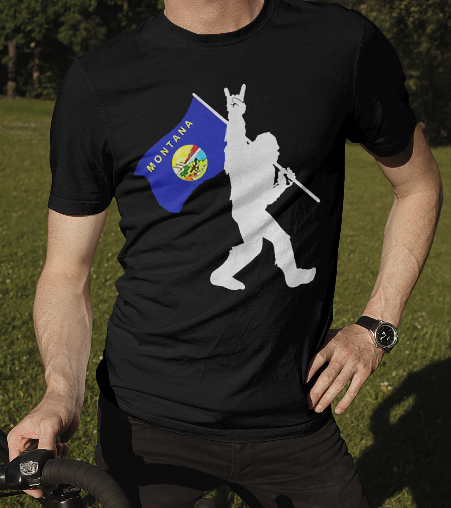 Bigfoot Holding Montana State Flag Middle Finger Gesture T-Shirt