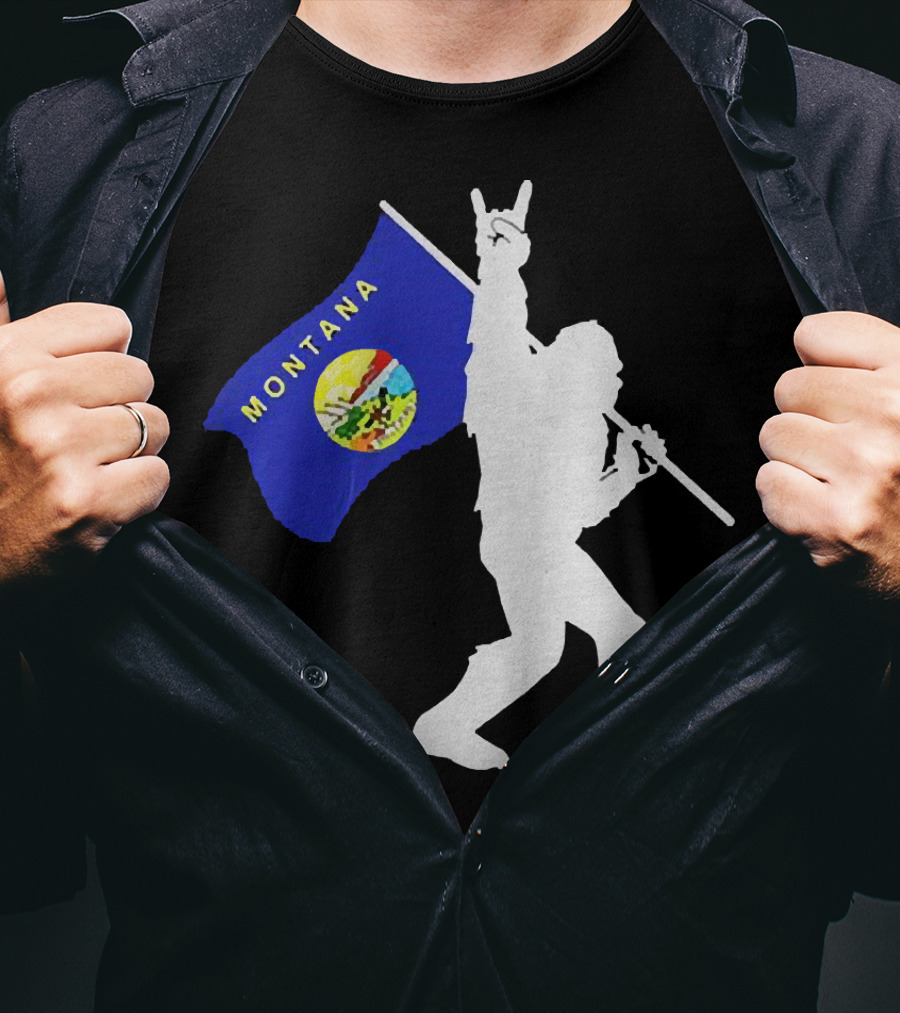 Bigfoot Holding Montana State Flag Middle Finger Gesture T-Shirt