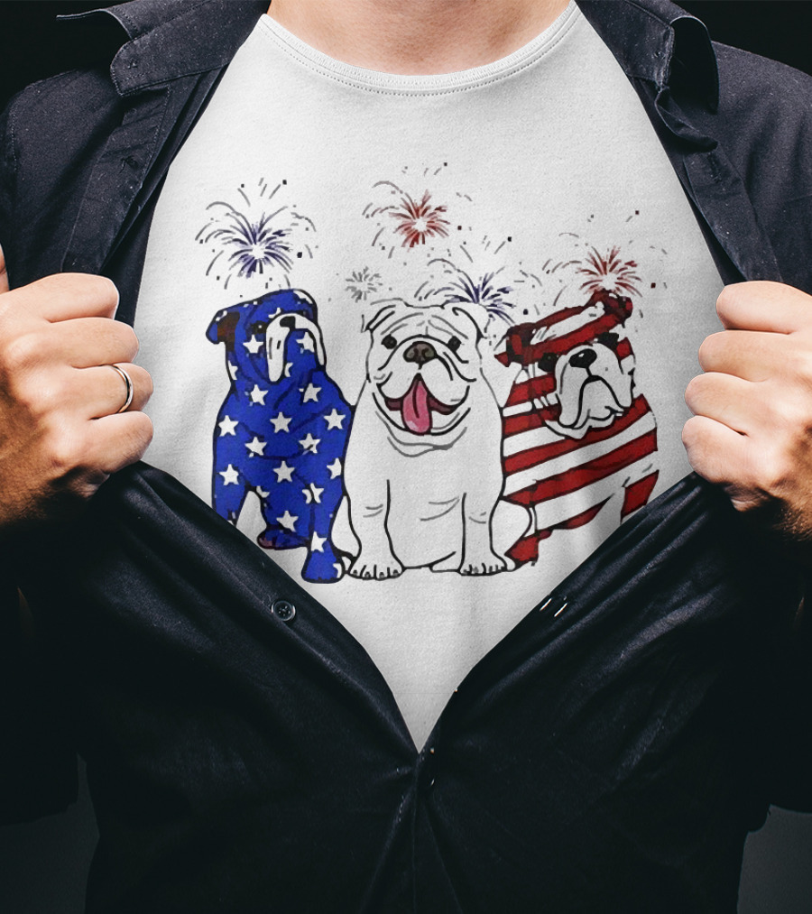 American Bulldog Stars And Stripes With Fireworks Merica T-Shirt