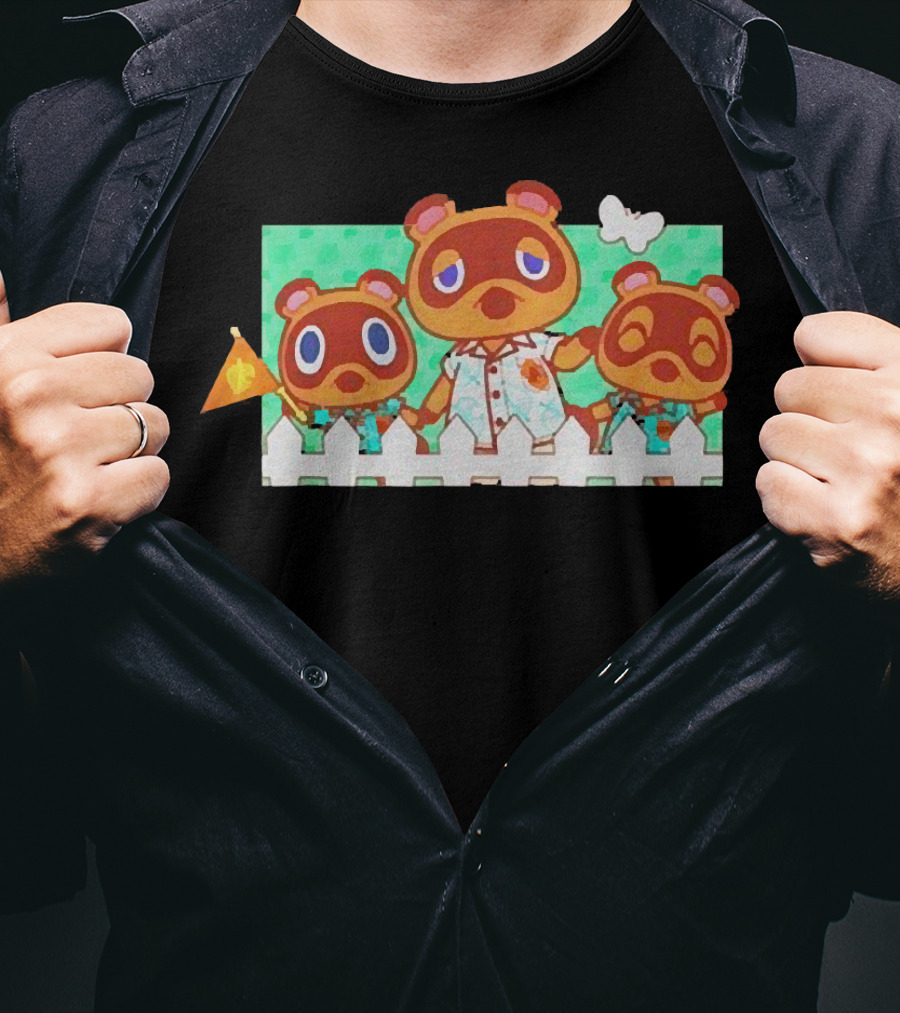Animal Crossing New Horizons Nook Family Characters Behind Fence T-Shirt