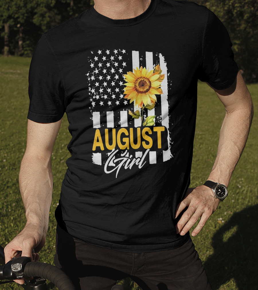 August Girl Sunflower American Flag Stripes Stars T-Shirt