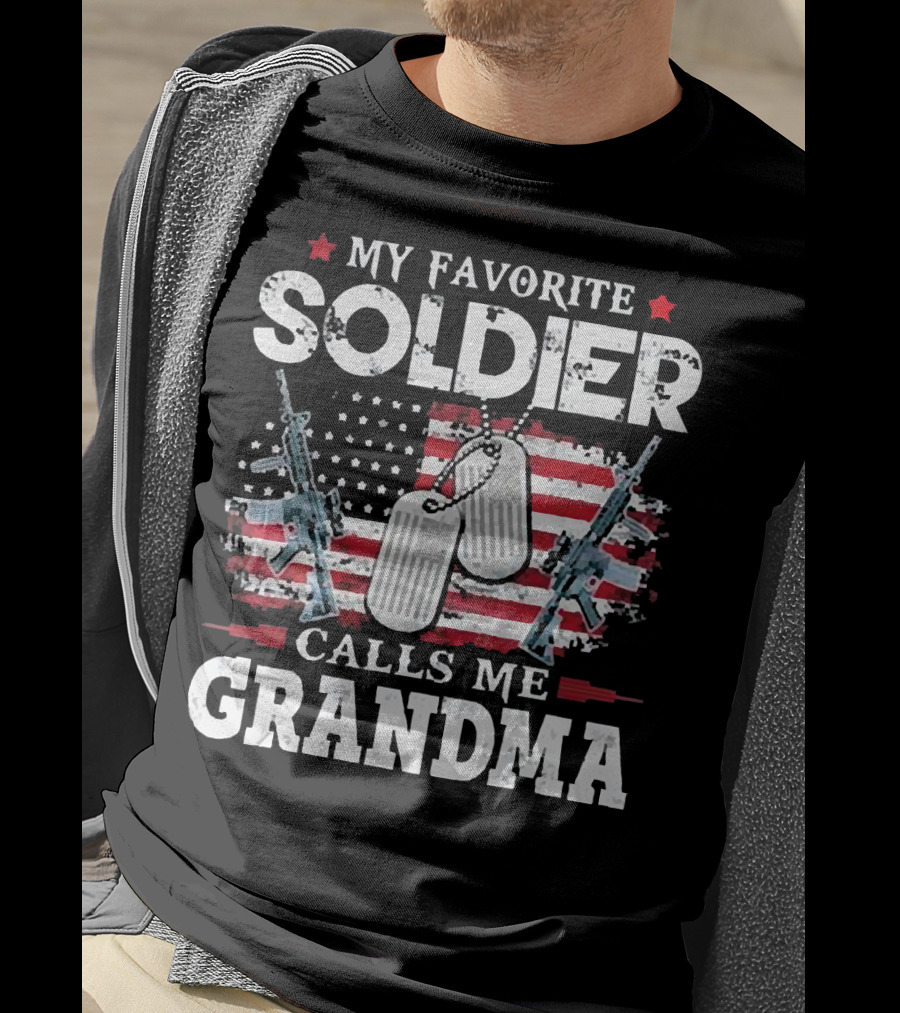 My Favorite Soldier Calls Me Grandma USA Flag Dog Tags Rifle T-Shirt