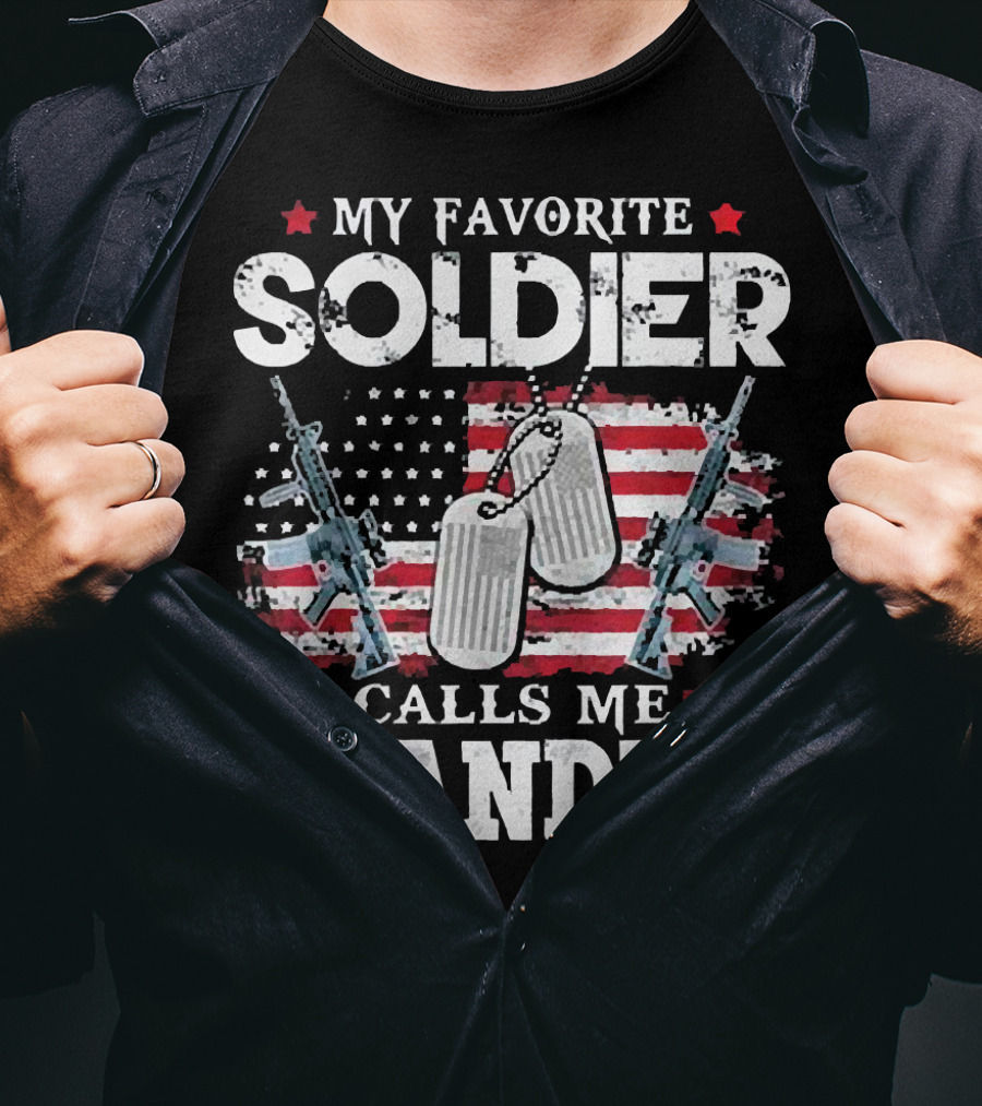 My Favorite Soldier Calls Me Grandma USA Flag Dog Tags Rifle T-Shirt