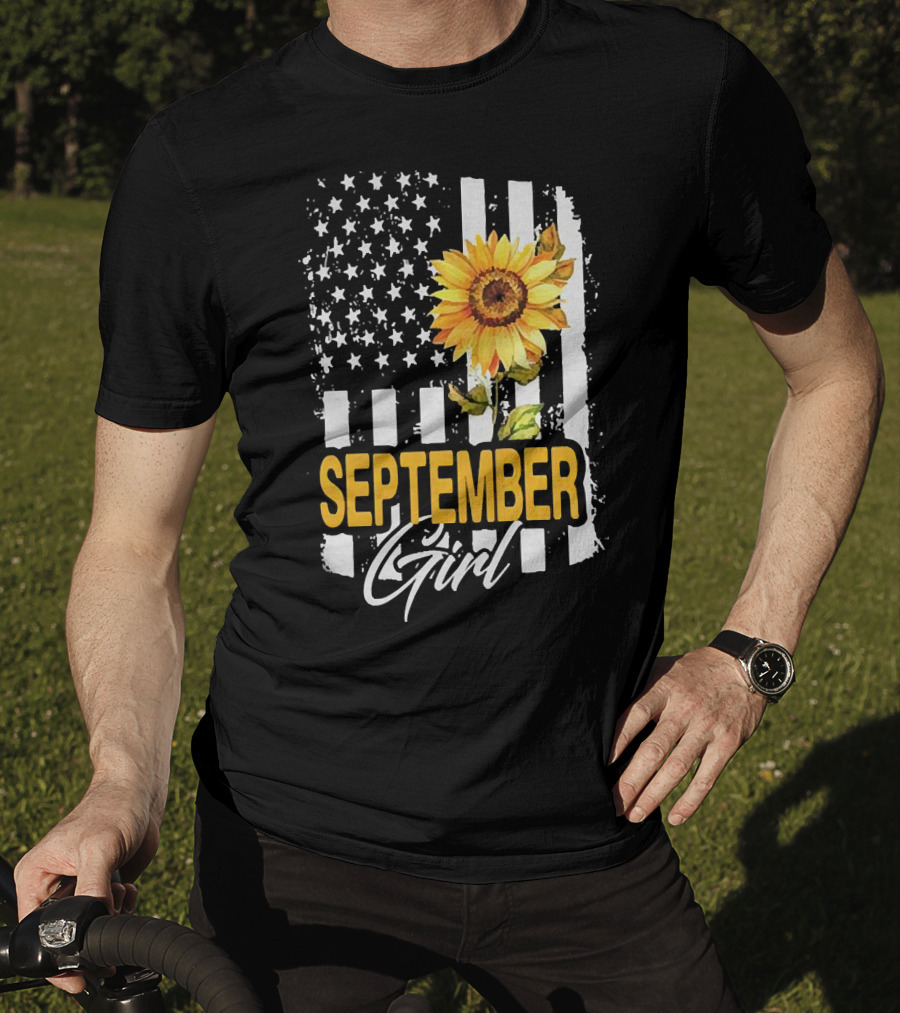 September Girl Sunflowers With American Flag T-Shirt