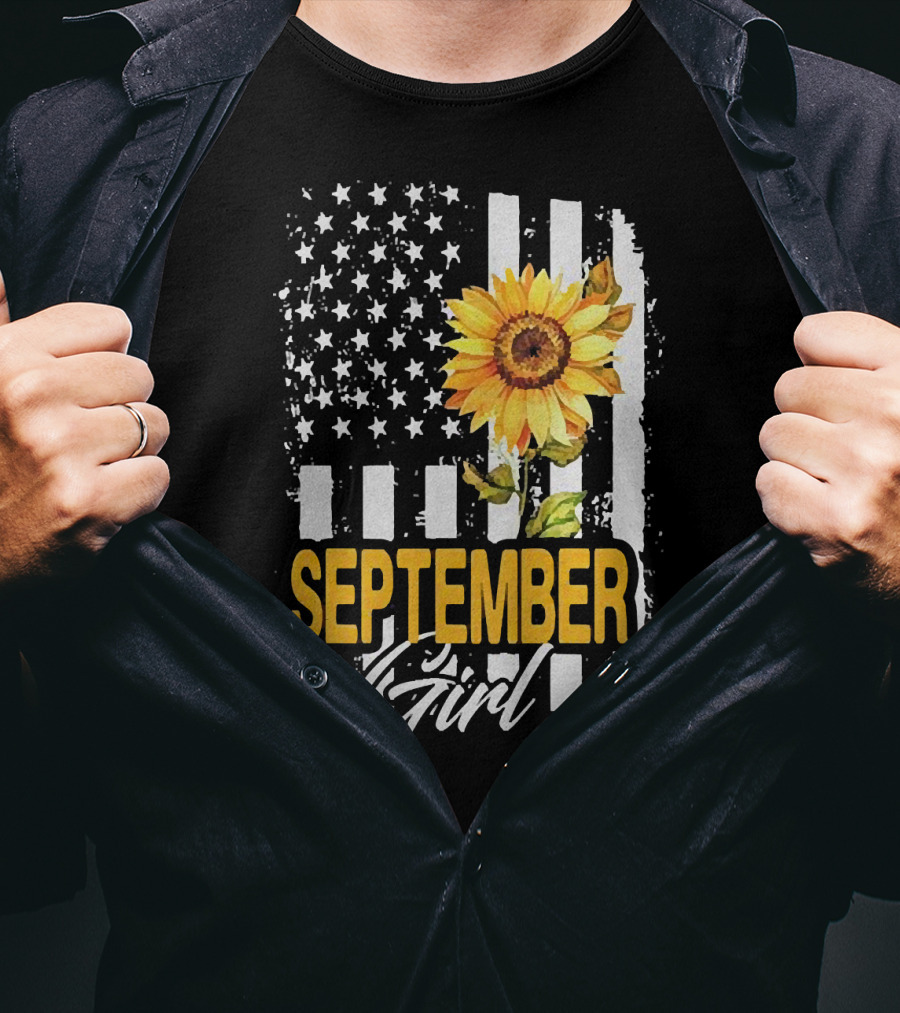 September Girl Sunflowers With American Flag T-Shirt