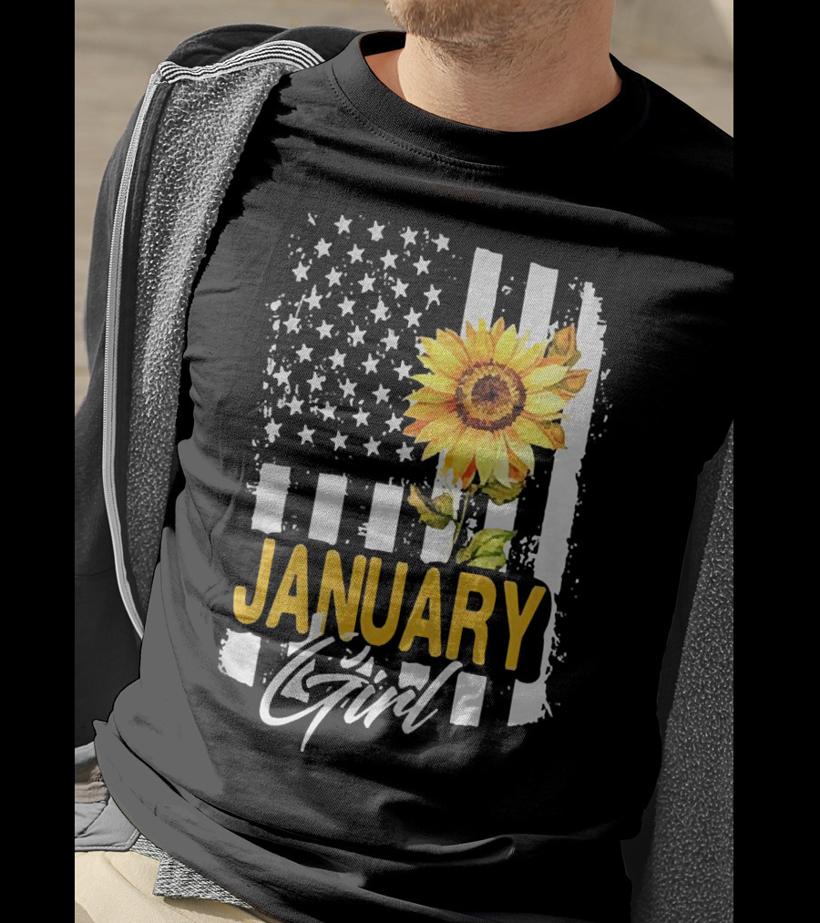 Sunflowers January Girl American Flag T-Shirt