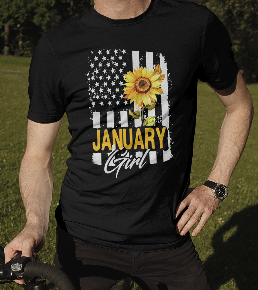Sunflowers January Girl American Flag T-Shirt