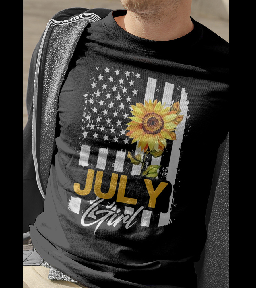 July Girl Sunflower American Flag T-Shirt