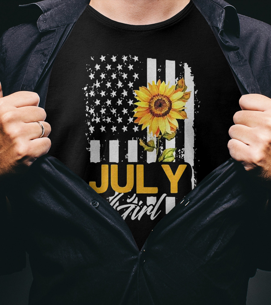 July Girl Sunflower American Flag T-Shirt