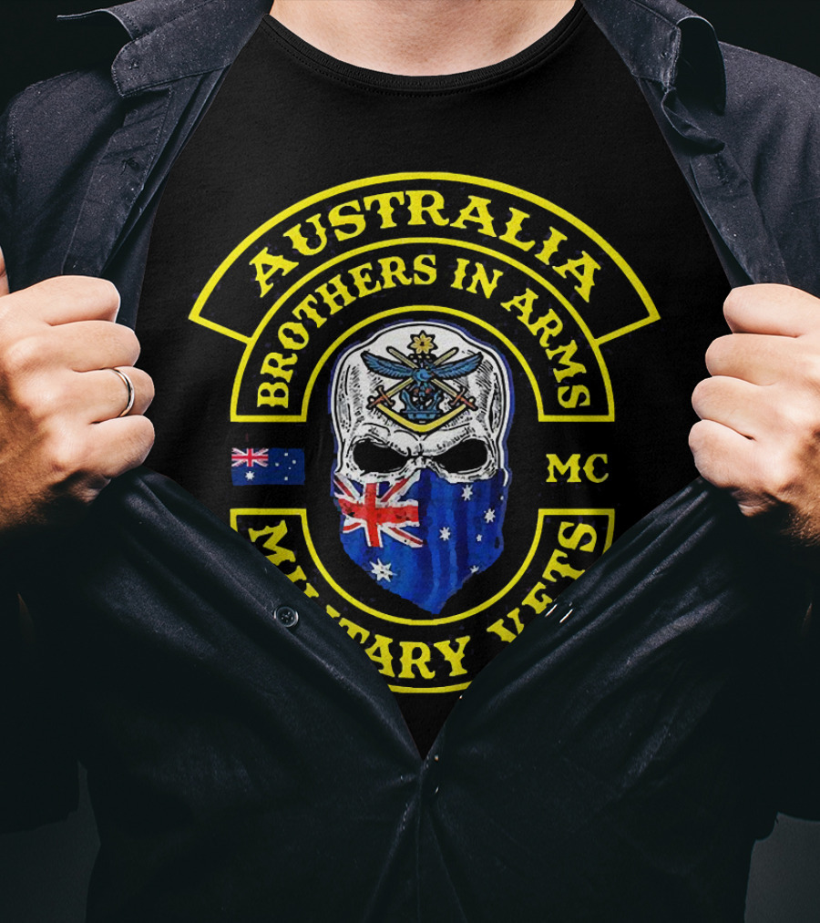 Australia Brothers In Arms Military Vets MC Australian Flag Skull T-Shirt
