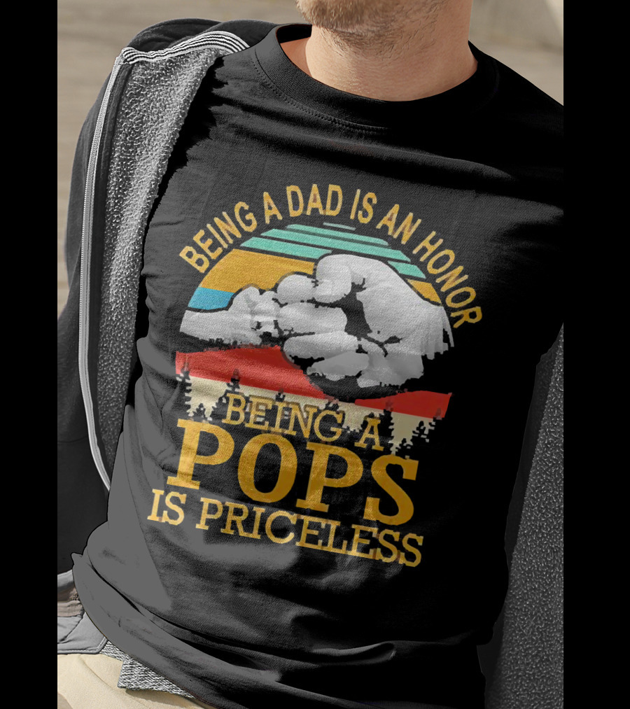 Being A Dad Is An Honor Being A Pops Is Priceless Forest Fist Bump Retro Stripes T-Shirt
