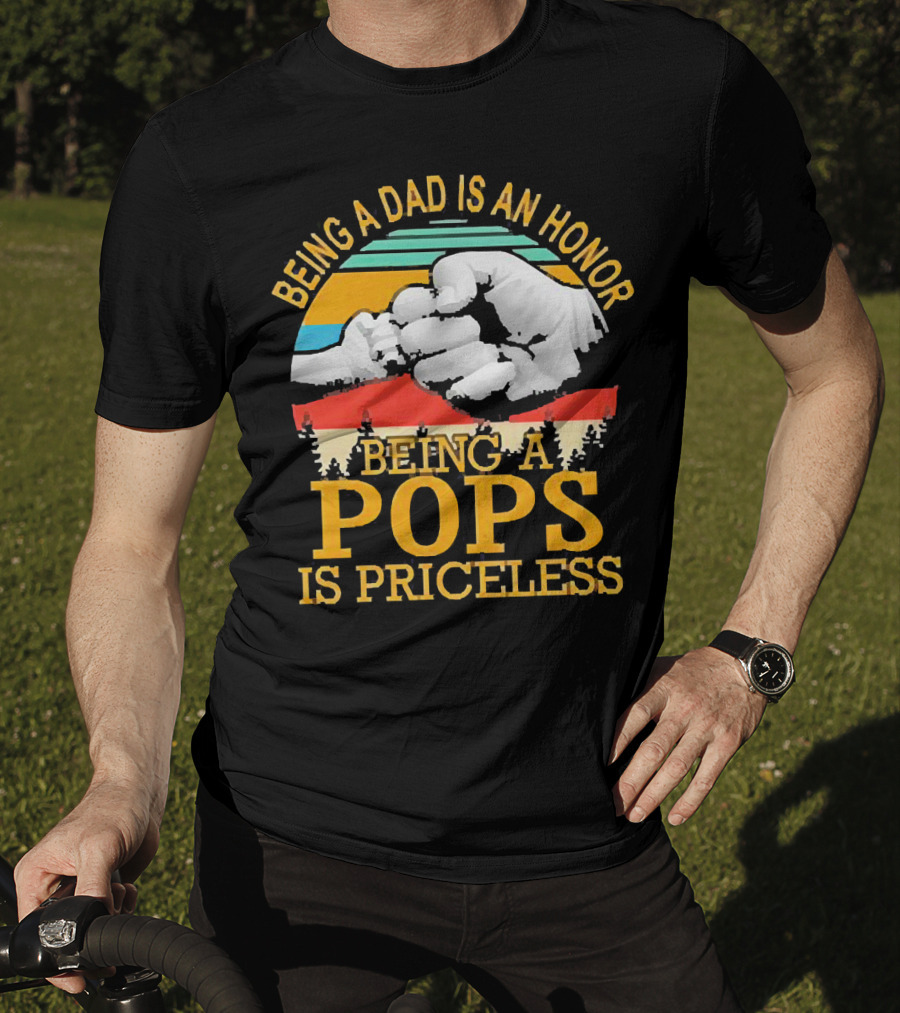 Being A Dad Is An Honor Being A Pops Is Priceless Forest Fist Bump Retro Stripes T-Shirt