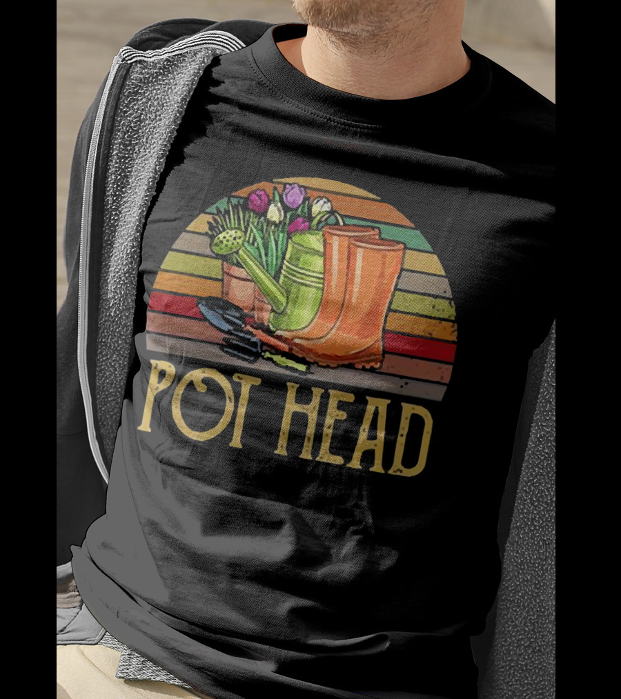 Pot Head Gardening Boots Watering Can Flowers Sunset Stripes T-Shirt