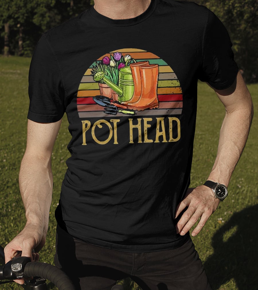 Pot Head Gardening Boots Watering Can Flowers Sunset Stripes T-Shirt