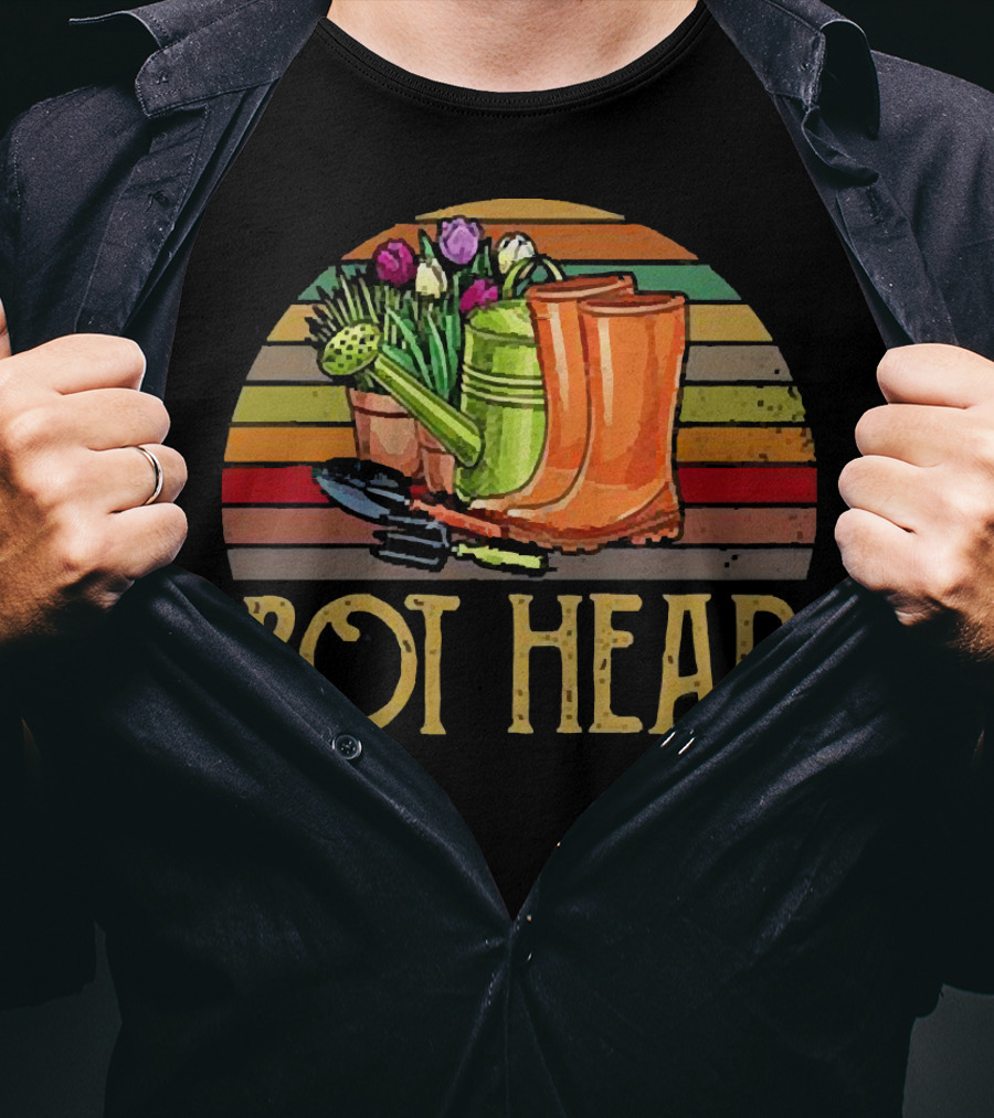 Pot Head Gardening Boots Watering Can Flowers Sunset Stripes T-Shirt