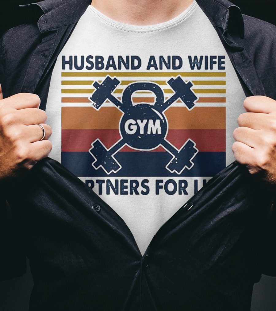Husband And Wife Gym Partners For Life Kettlebell And Dumbbells Vintage Stripes T-Shirt