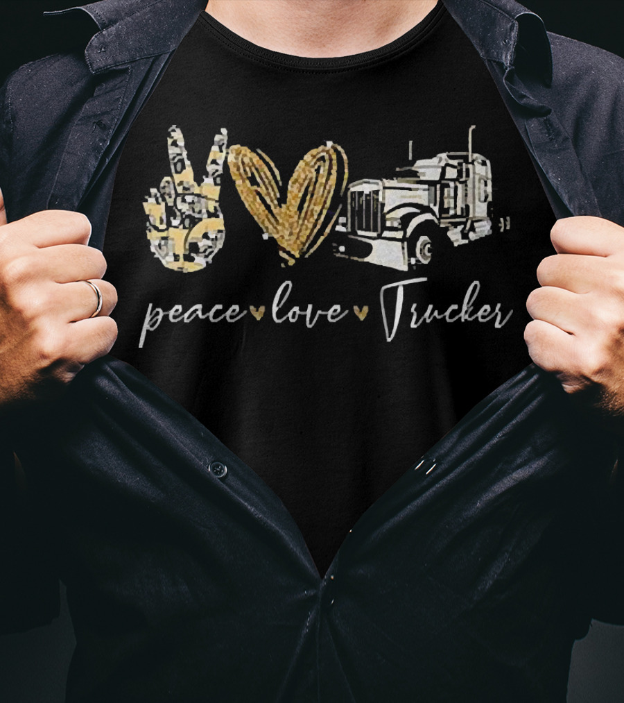 Peace Love Trucker Hand Gesture Heart Truck T-Shirt