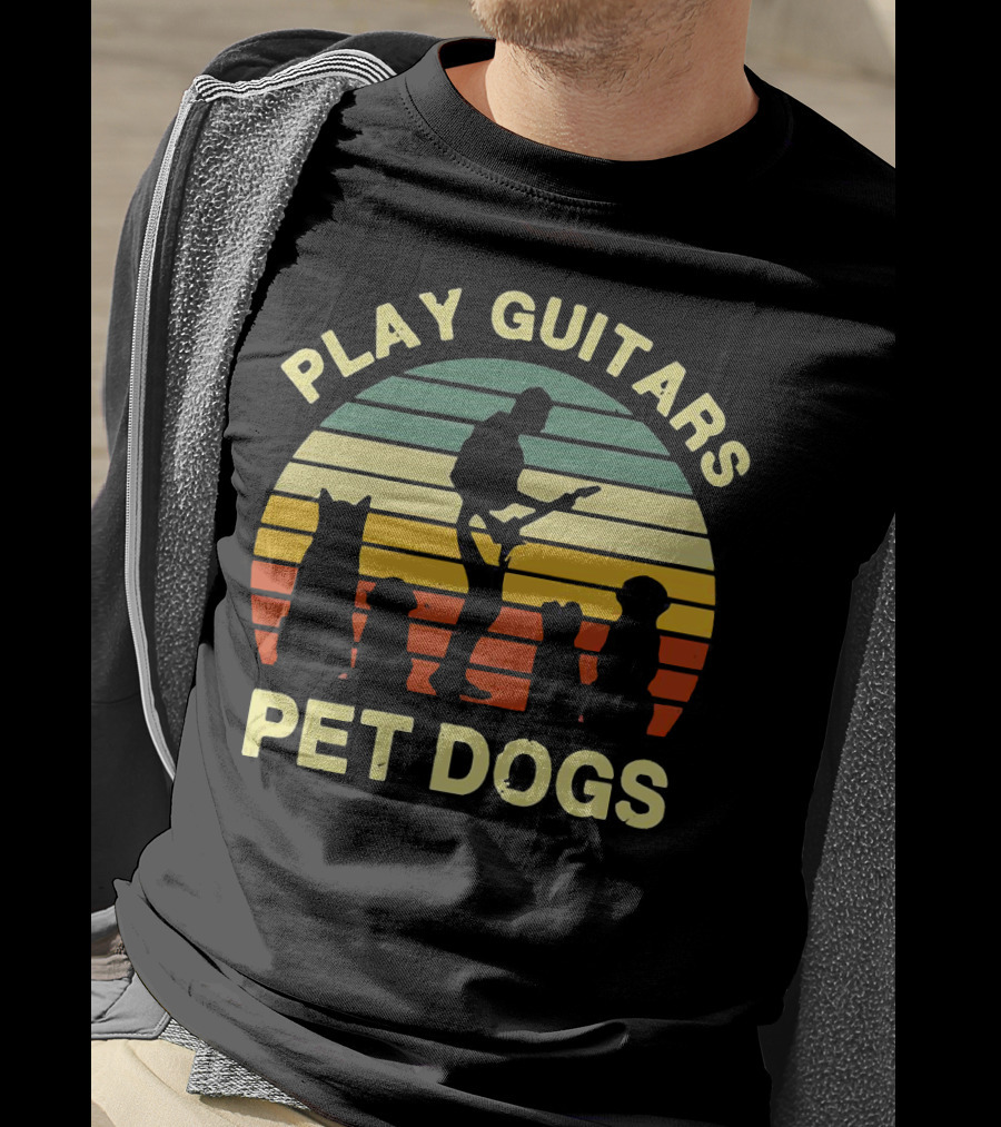 Play Guitars Pet Dogs Sunset Silhouette With Musician And Dogs T-Shirt