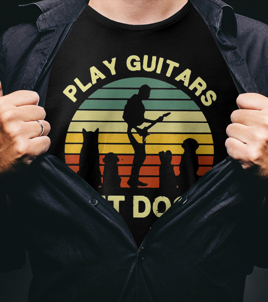 Play Guitars Pet Dogs Sunset Silhouette With Musician And Dogs T-Shirt