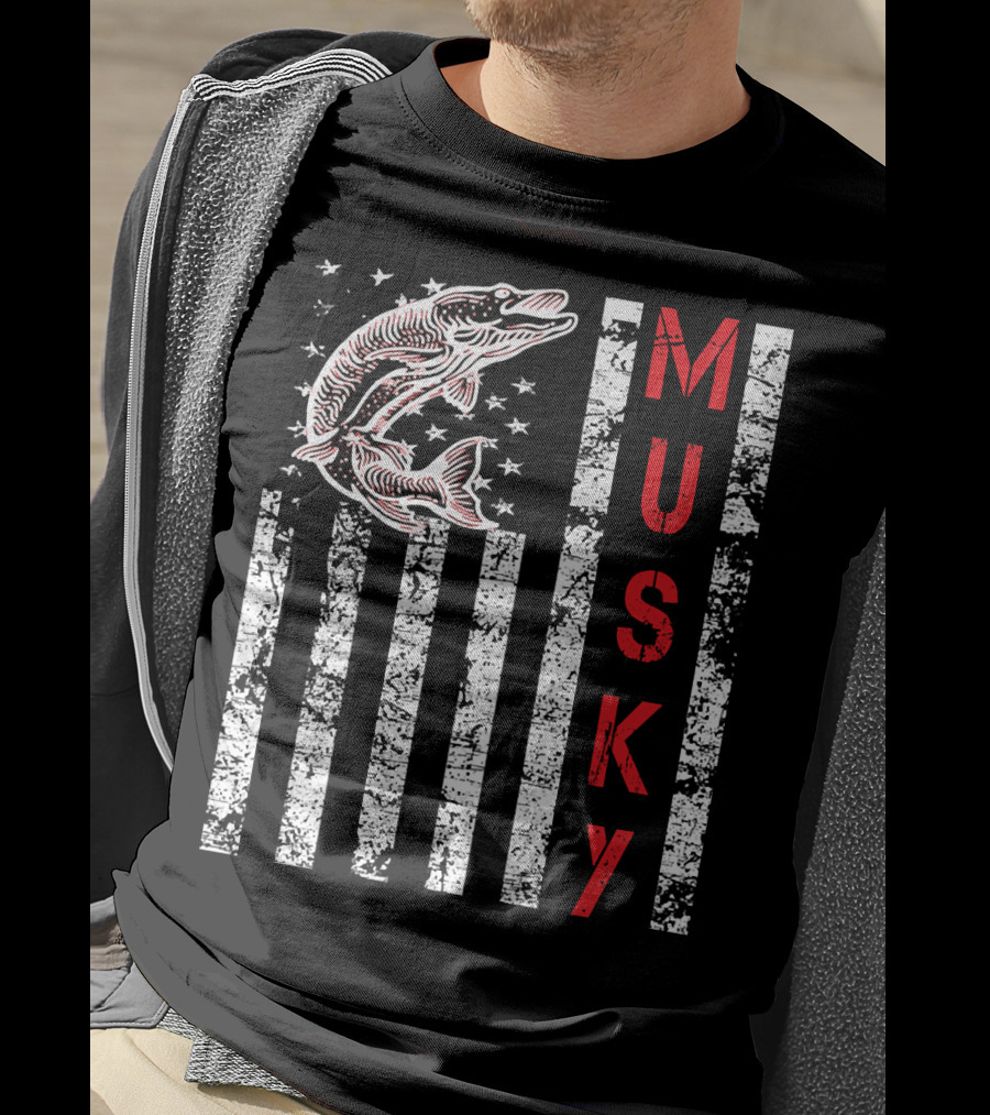 Musky Fishing Distressed Flag With Musky Catch And Stars T-Shirt